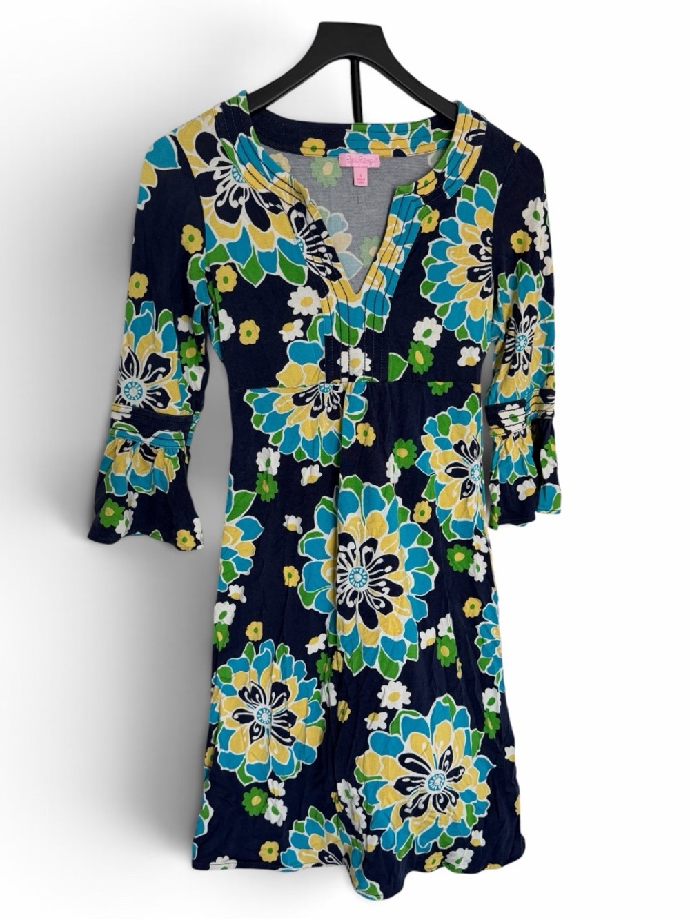 Lilly Pulitzer Dress Twyla Floral Silk Blend V Neck Bell Sleeve Navy Blue Sz. S